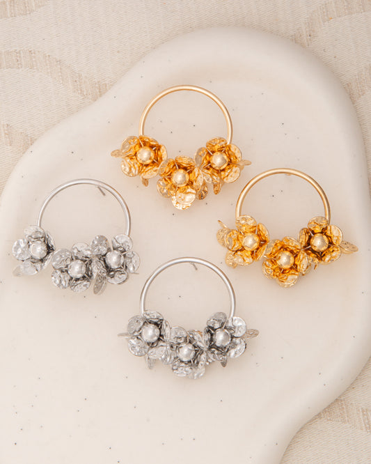 Autumn Textured Finish Floral Hoop Post Dangle Earrings