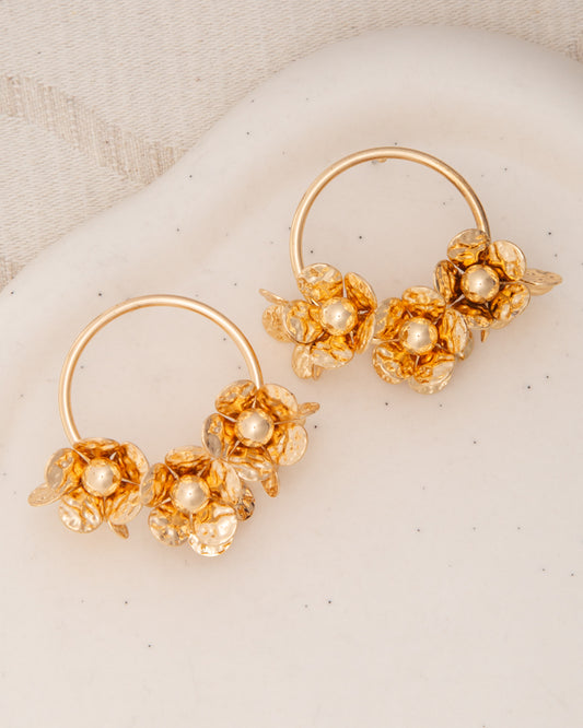 Autumn Textured Finish Floral Hoop Post Dangle Earrings | Gold