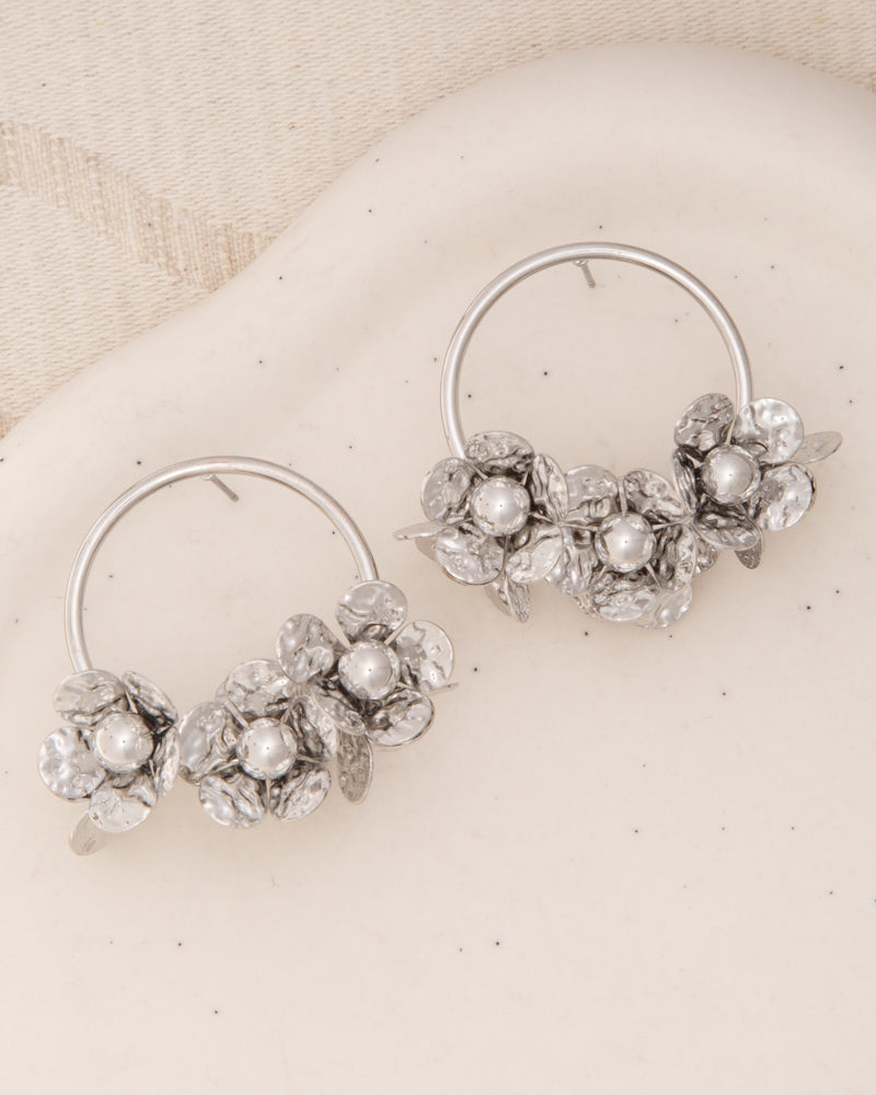 Autumn Textured Finish Floral Hoop Post Dangle Earrings | Silver