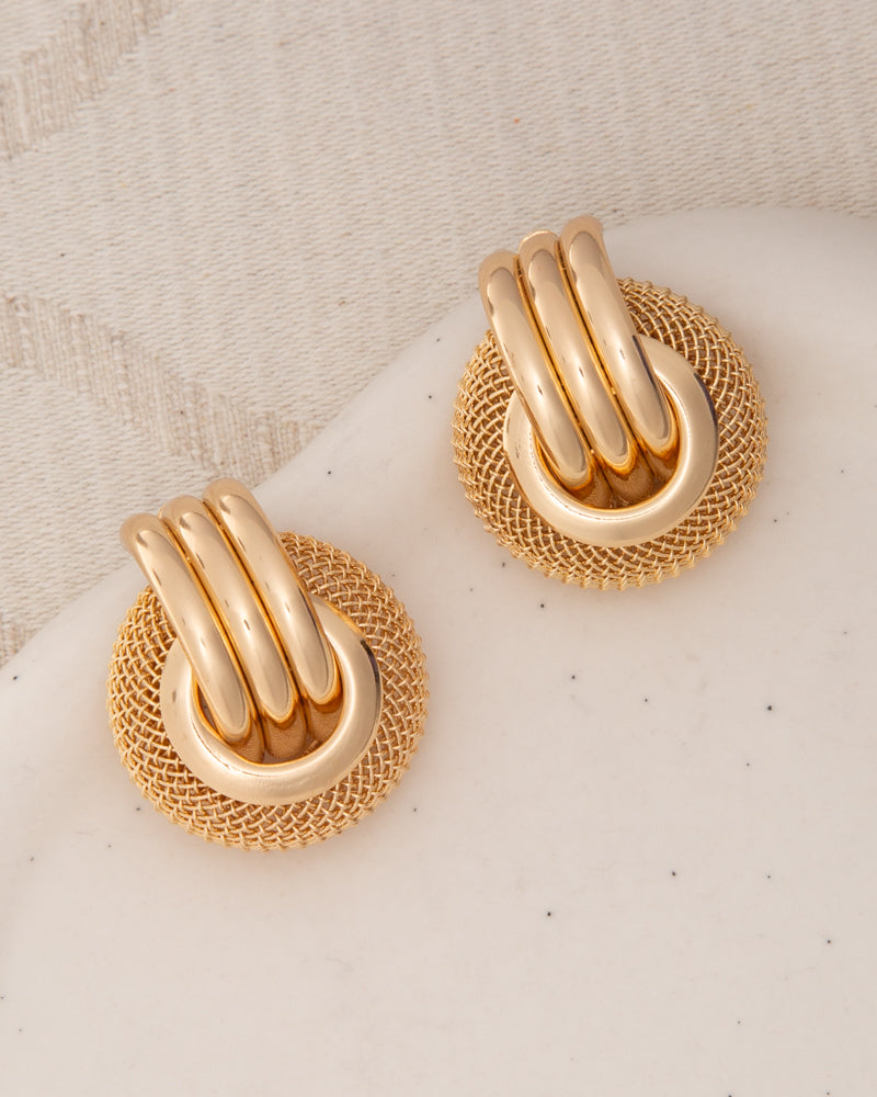 Kennedy Basket Weave Pattern Button Earrings | Gold