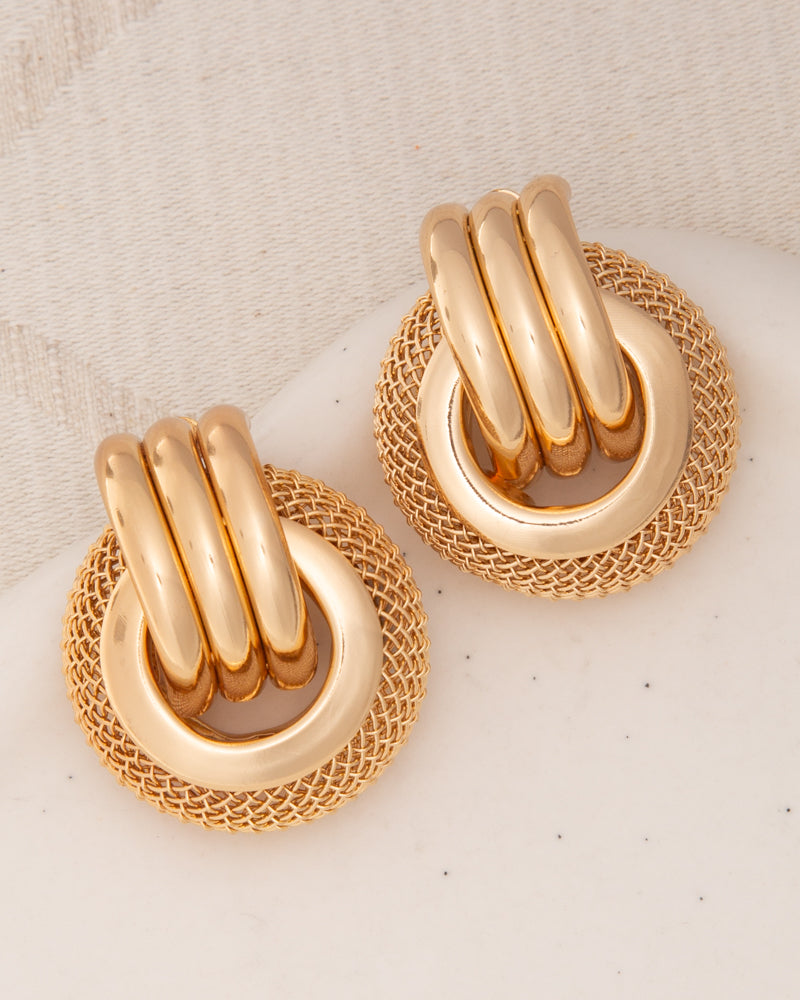 Melody Basket Weave Pattern Button Earrings | Gold