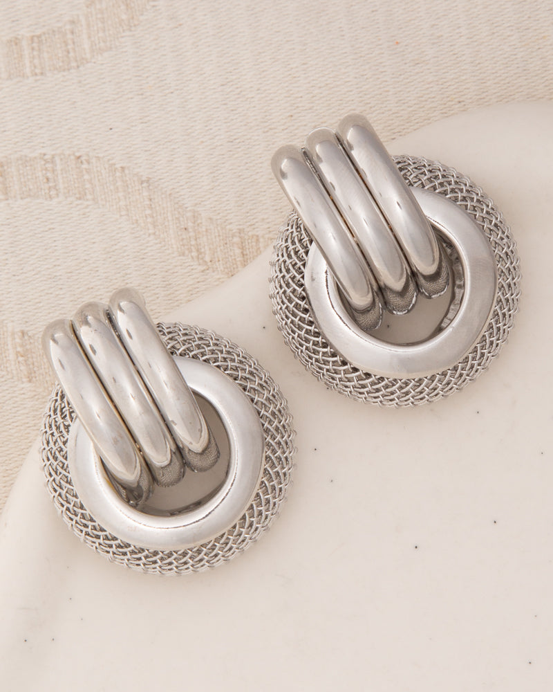Melody Basket Weave Pattern Button Earrings | Silver