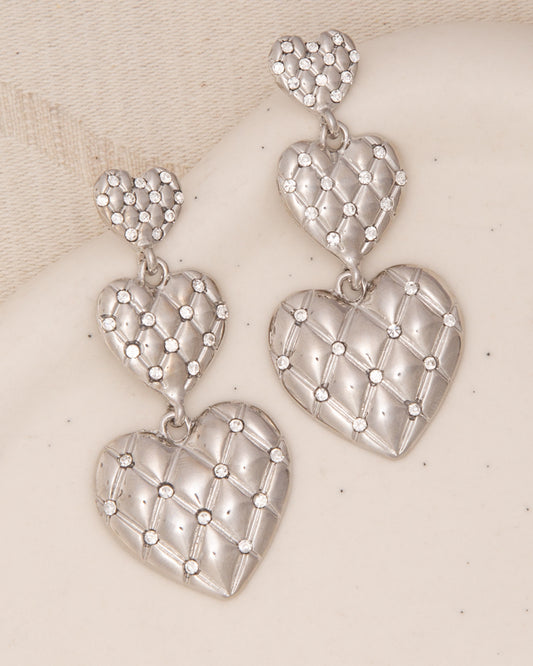 Madelyn 3-Tier Flush-Set Rhinestone Heart Shaped Post Earrings | Silver