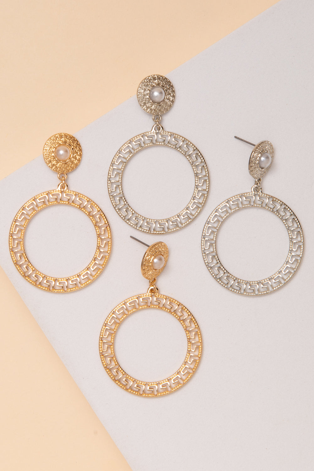 Vivian Greek Key Hoop Post Earrings With Pearl Accent