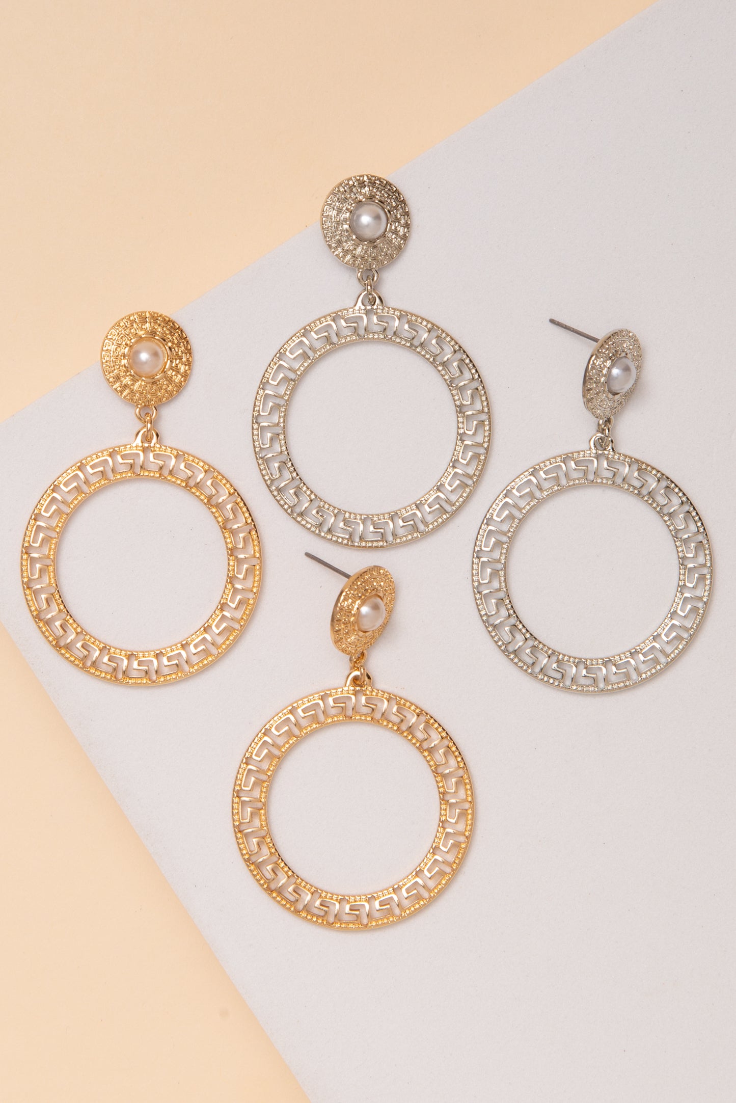 Vivian Greek Key Hoop Post Earrings With Pearl Accent