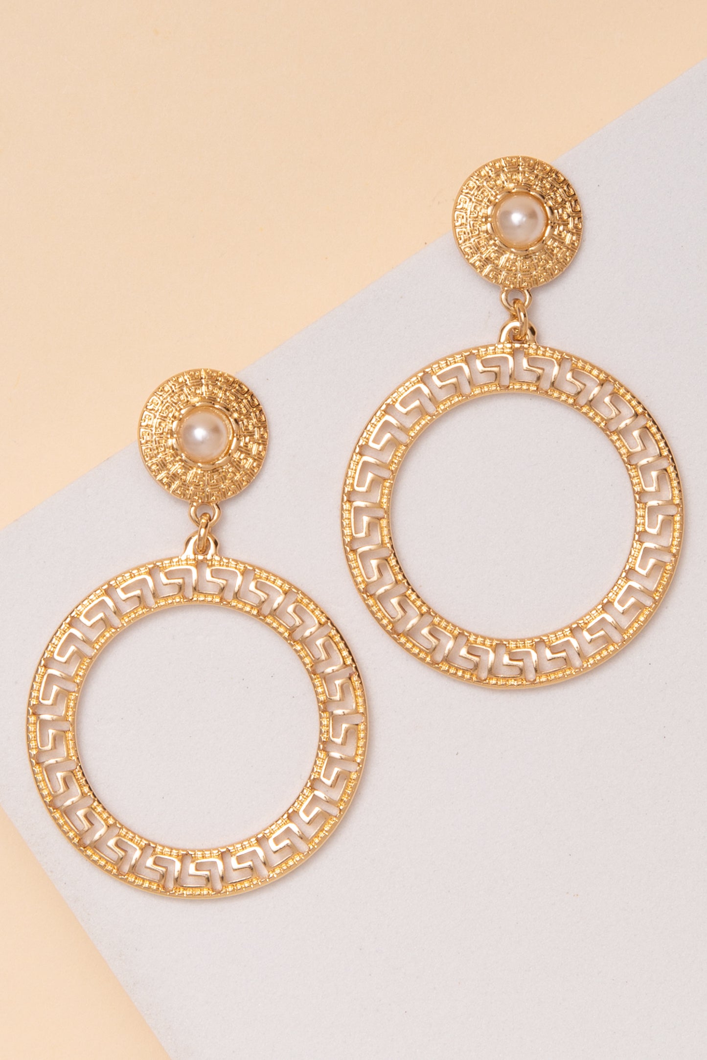 Vivian Greek Key Hoop Post Earrings With Pearl Accent | Gold 