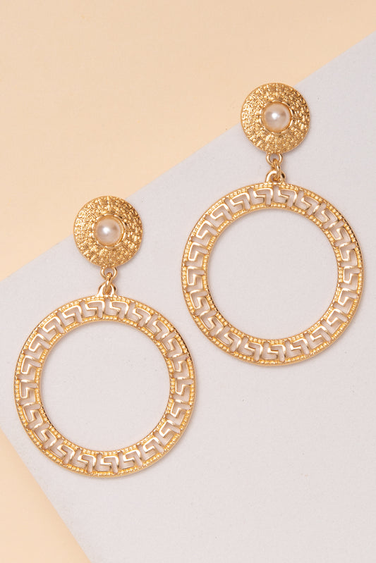 Vivian Greek Key Hoop Post Earrings With Pearl Accent | Gold 