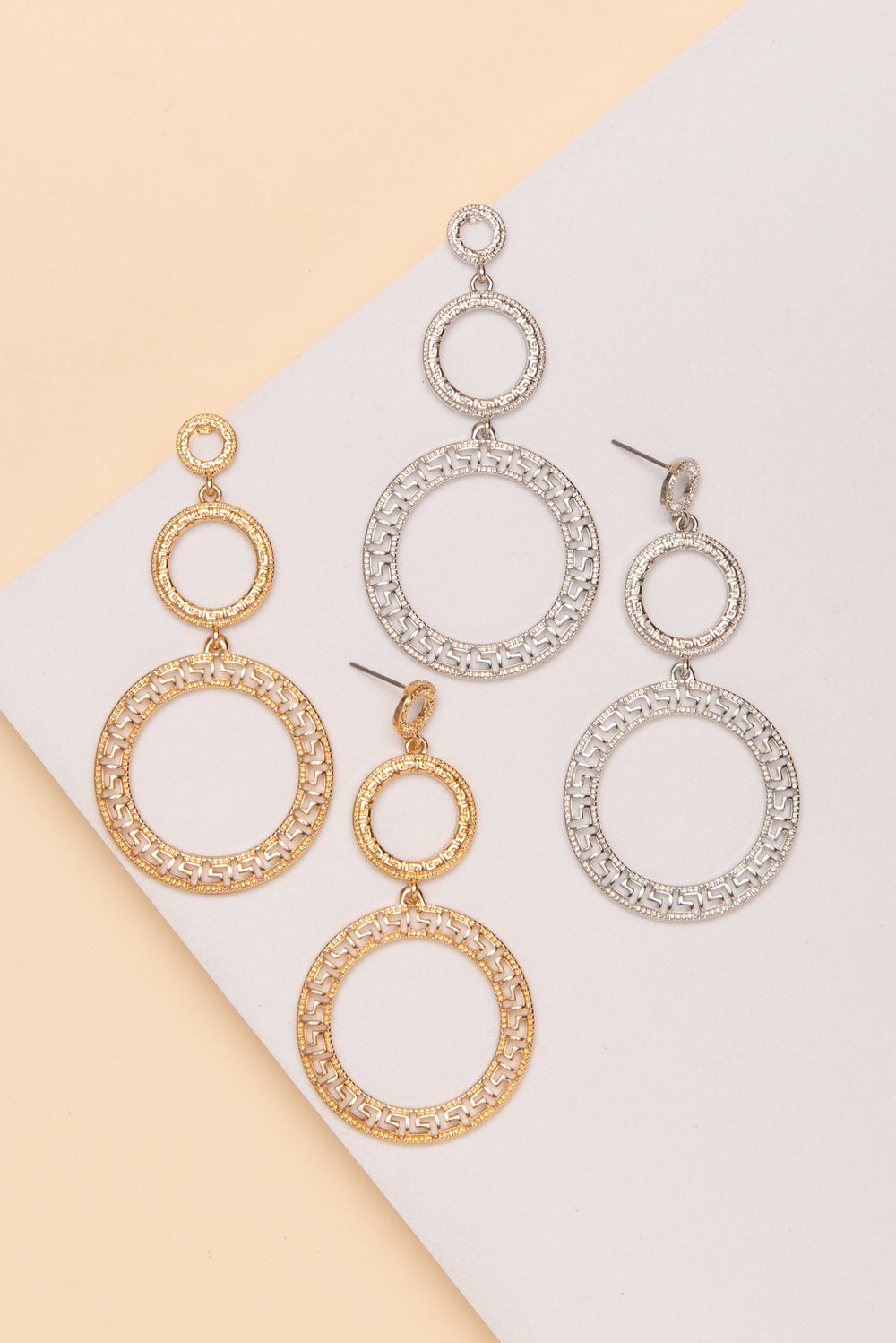 Chloe Greek Key Three Circle Drop Earrings