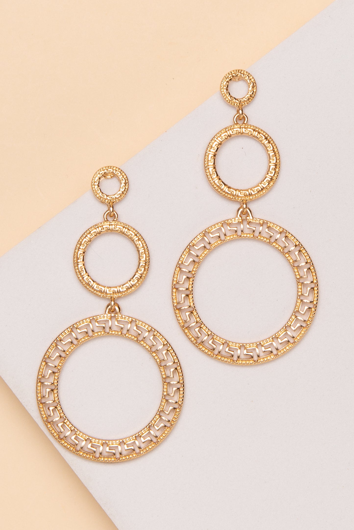 Chloe Greek Key Three Circle Drop Earrings | Gold