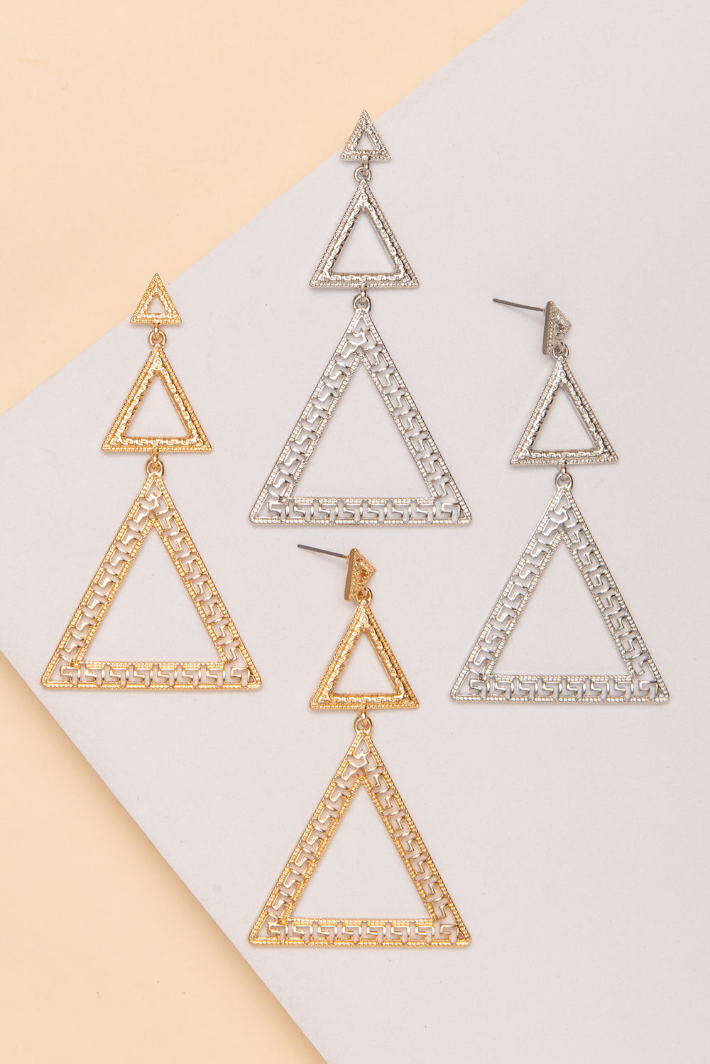 Valentina Greek Key Three Triangle Dangle Earrings