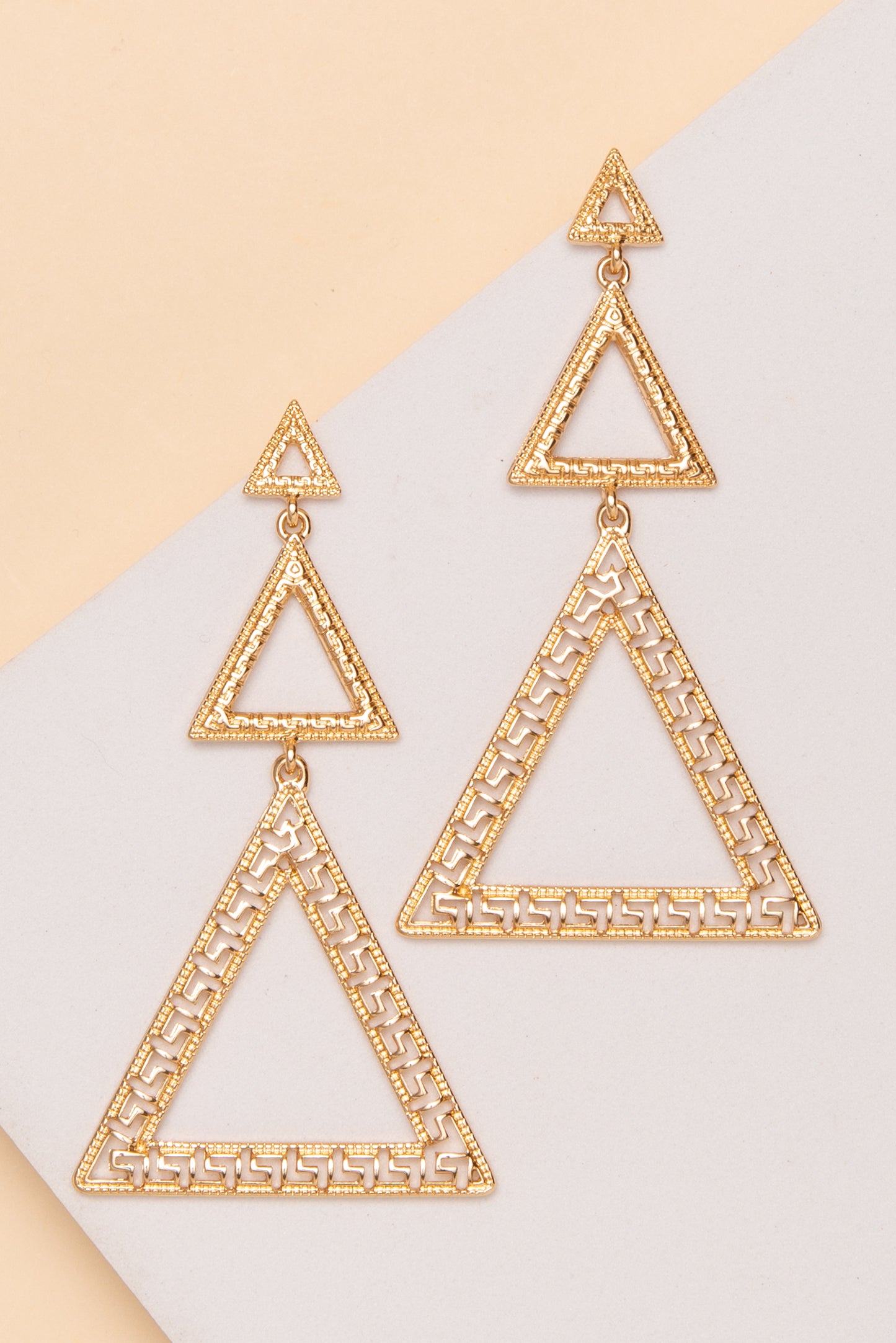 Valentina Greek Key Three Triangle Dangle Earrings | Gold