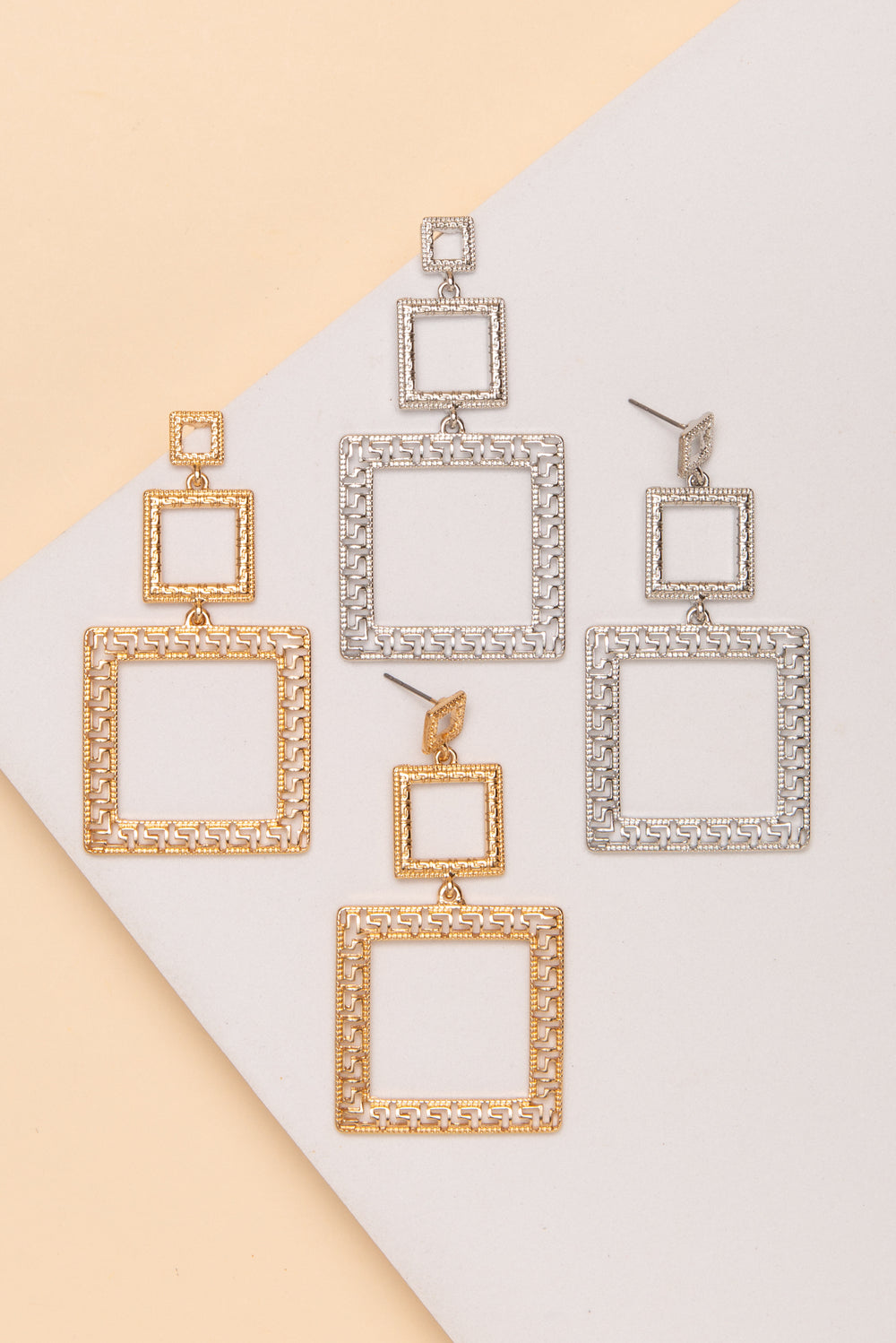 Hannah Greek Key Three Square Dangle Earrings