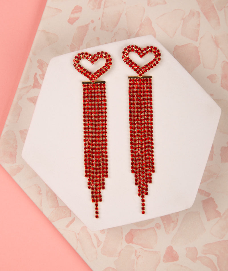 Crystal Open Heart Long Drop Tassel Earrings | Gold