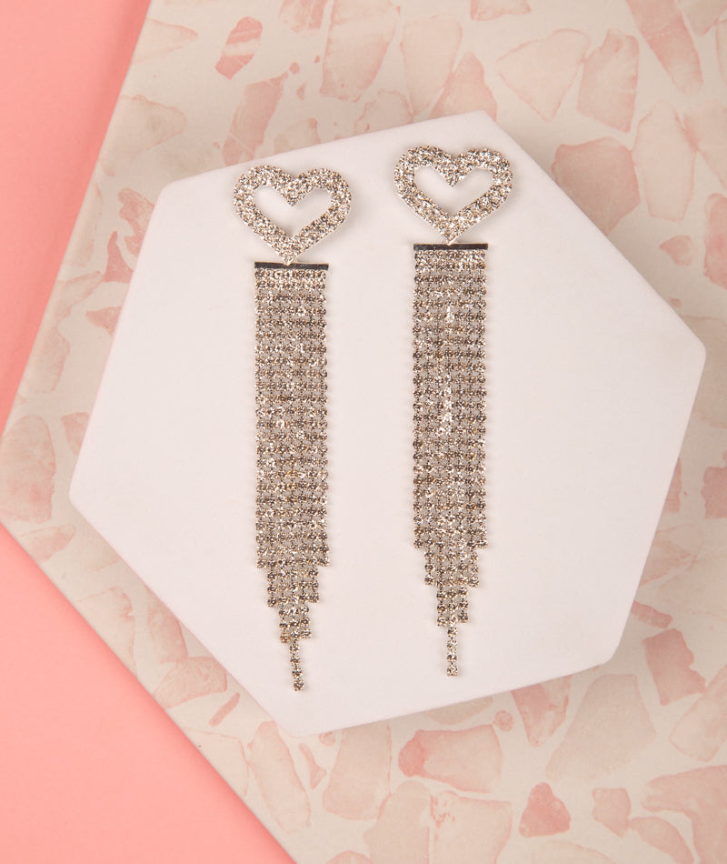 Crystal Open Heart Long Drop Tassel Earrings