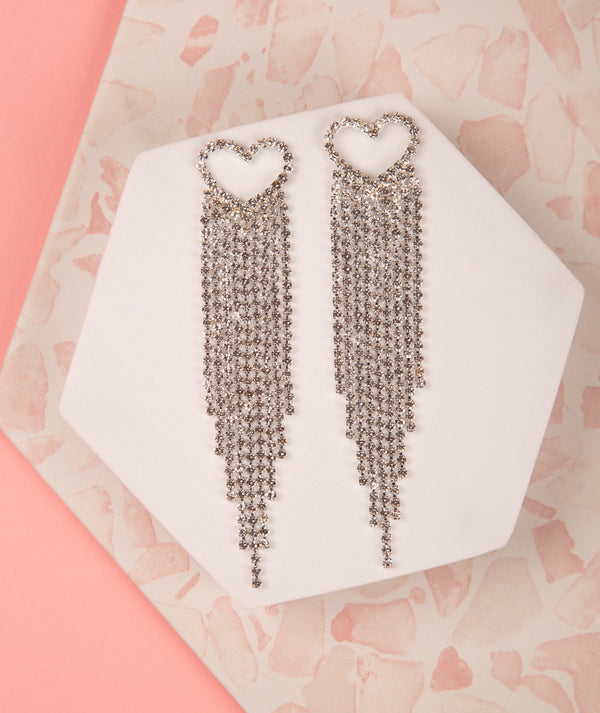 Hannah Open Heart Tassel Long Drop Crystal Earrings