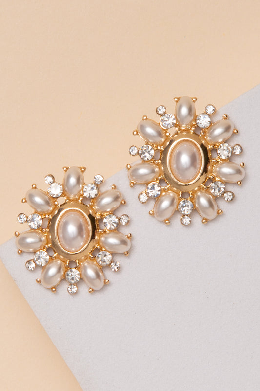 Claire Pearl Crystal Oval Stud Earrings | Gold 