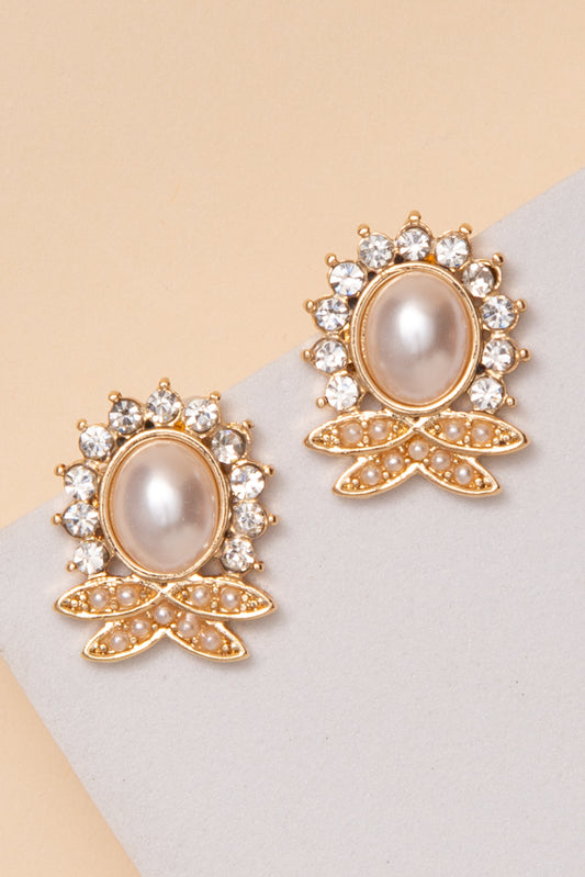 Alisson Oval Pearl Post Earrings With Crystal Halo | Gold 