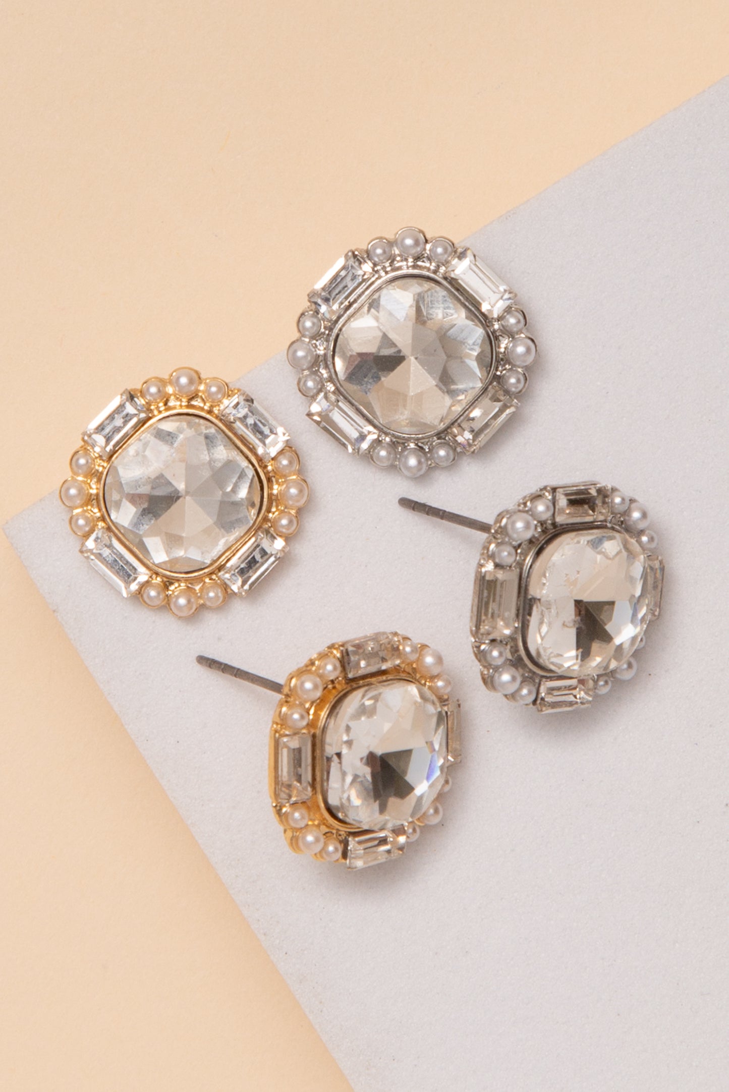 Allison Cushion Cut Crystal Post Earrings With Pearl Border