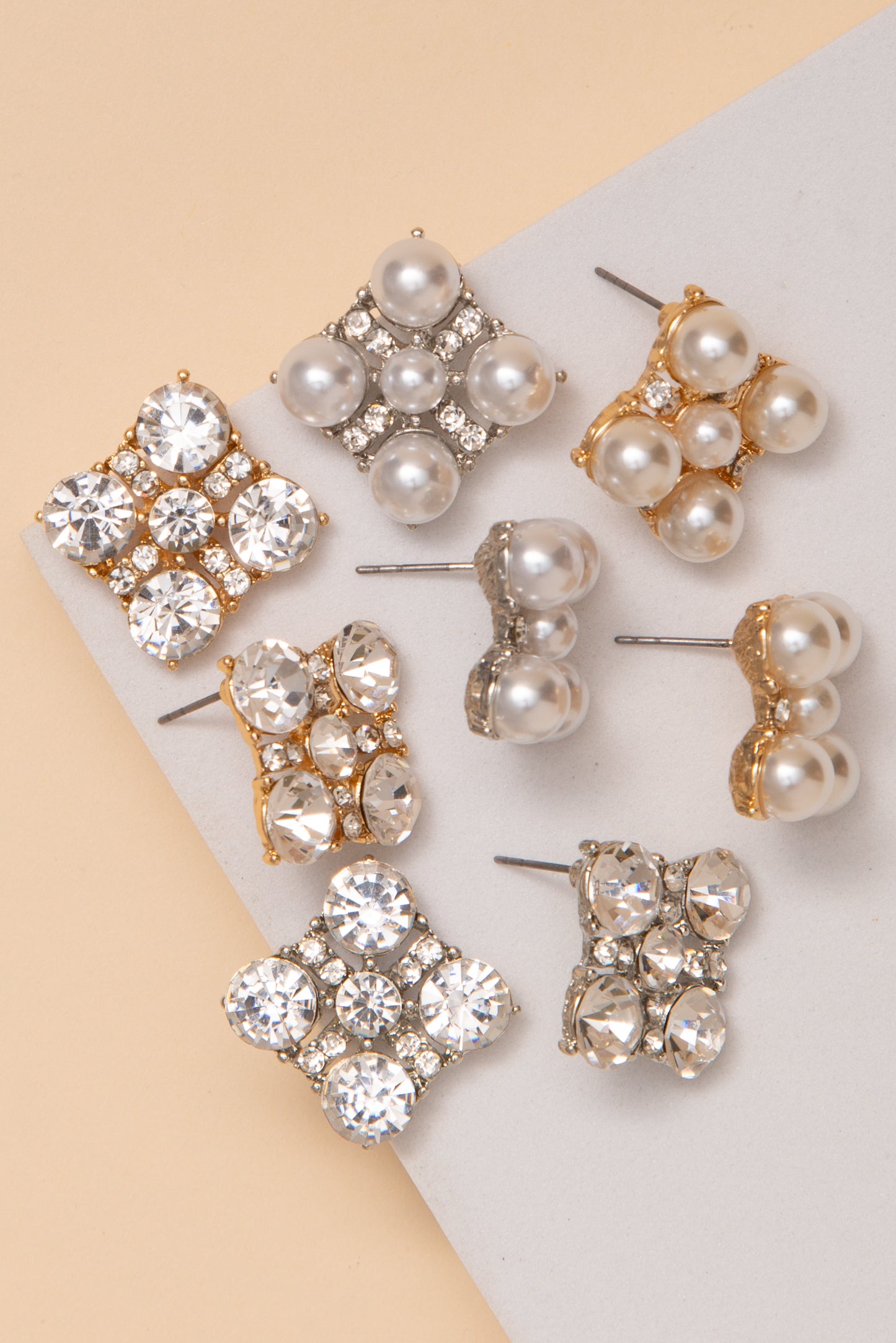 Isabelle Geometric Earrings With Crystal Pearl Cluster And Rhinestone
