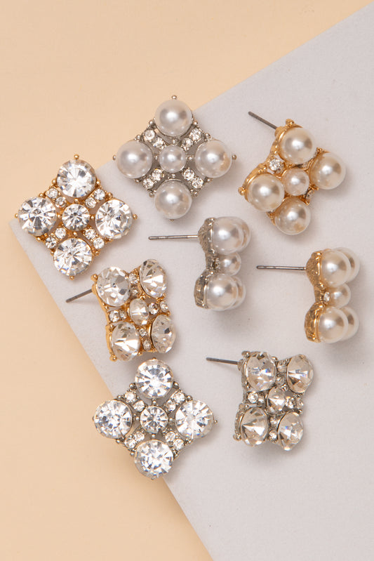 Isabelle Geometric Earrings With Crystal Pearl Cluster And Rhinestone