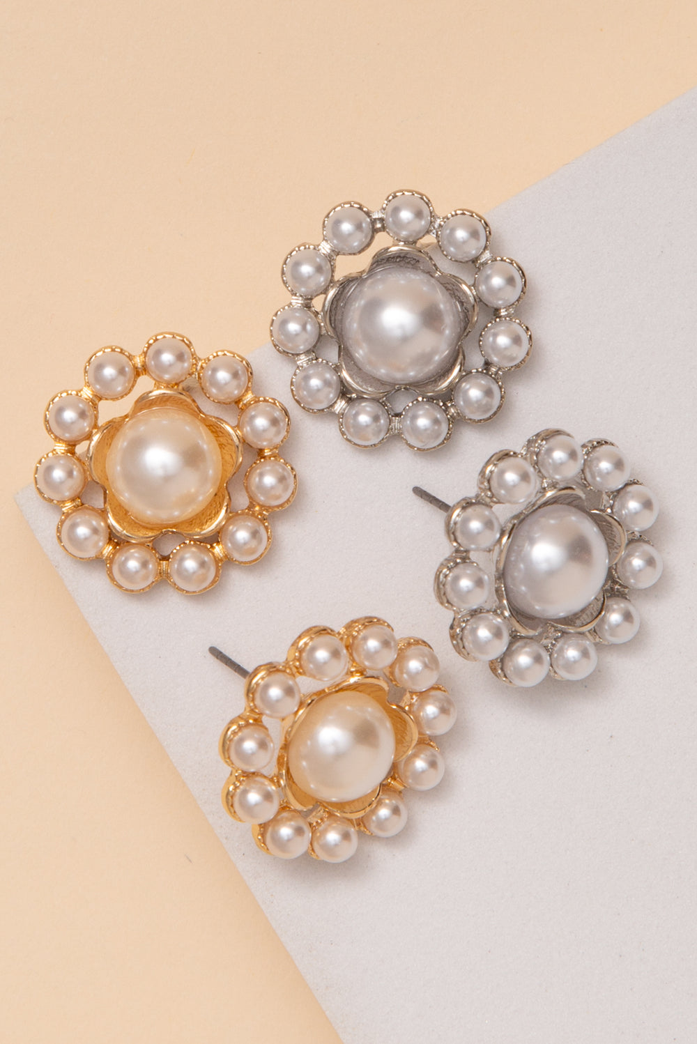 Cassidy Halo Post Earrings With Center Pearl Design