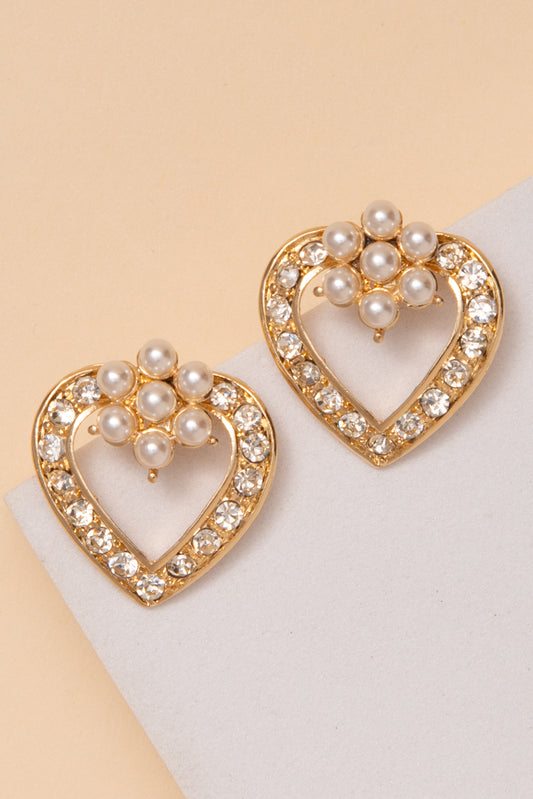 Luna Pearl Crystal Heart Stud Earrings | Gold 