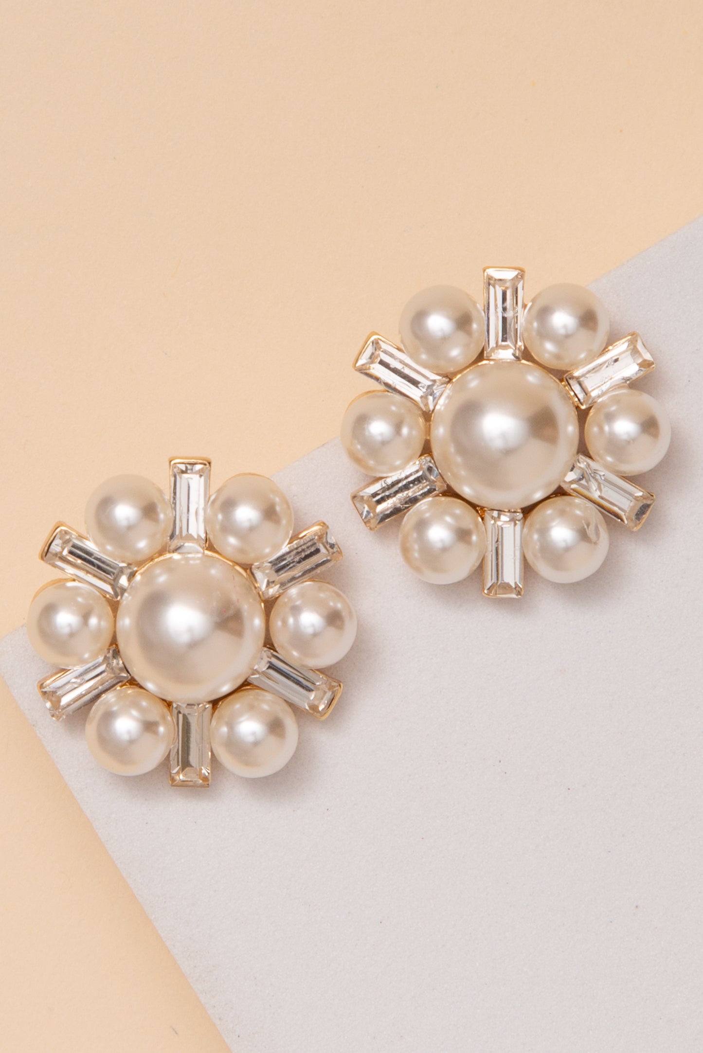 Aria Flower Post Earrings With Pearl And Baguette Crystals | Gold 