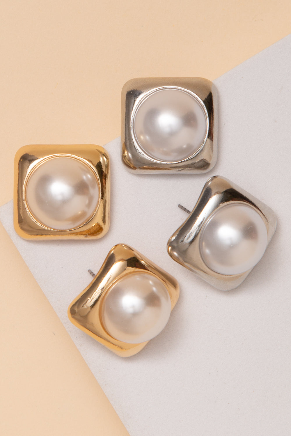 Aaliyah Square Post Earrings With Center Pearl Detail