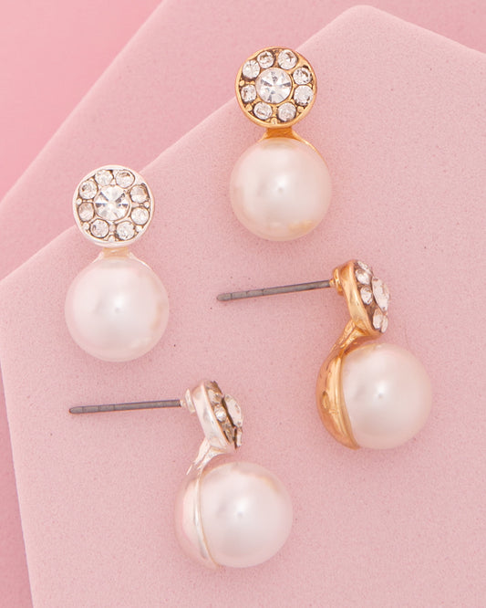 Mackenzie Crystal Halo Pearl Post Drop Earrings