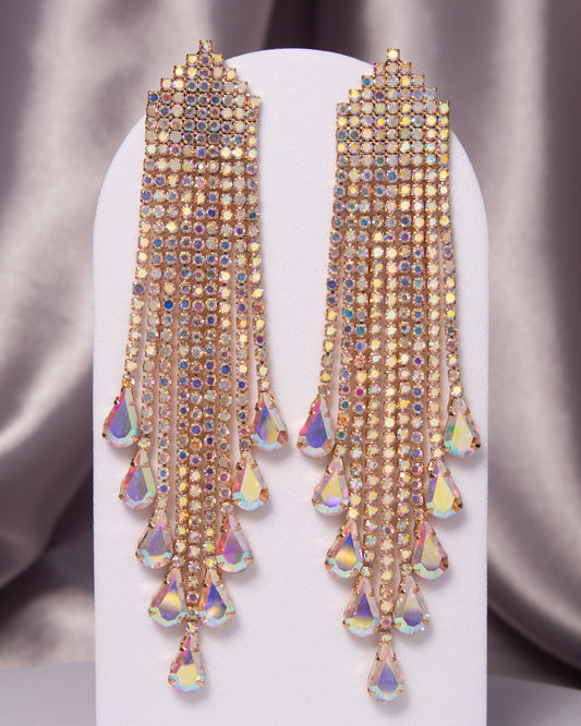 Eleanor Crystal Rhinestone Waterfall Tassel Long Drop Earrings | Gold