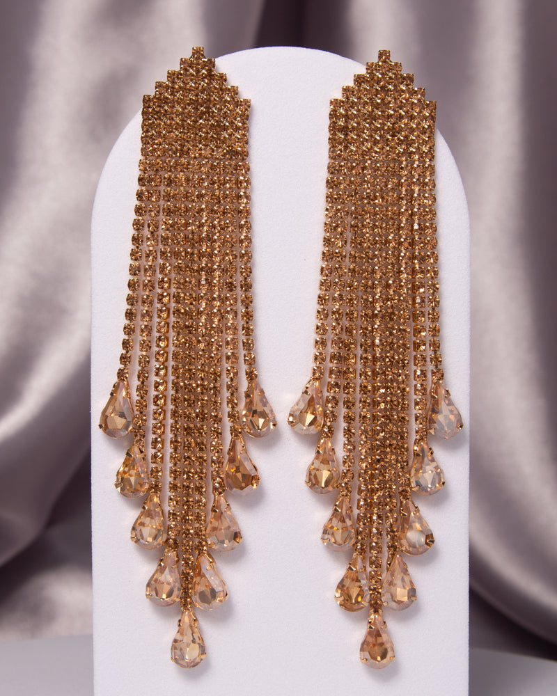 Eleanor Crystal Rhinestone Waterfall Tassel Long Drop Earrings | Gold