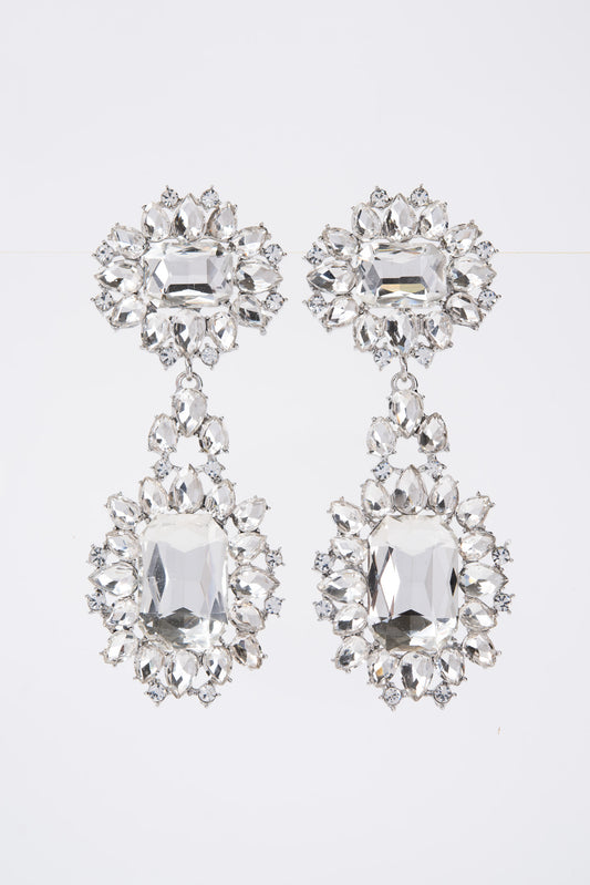 Zara Baroque Crystal Gemstone Cluster Earrings - Silver Crystal