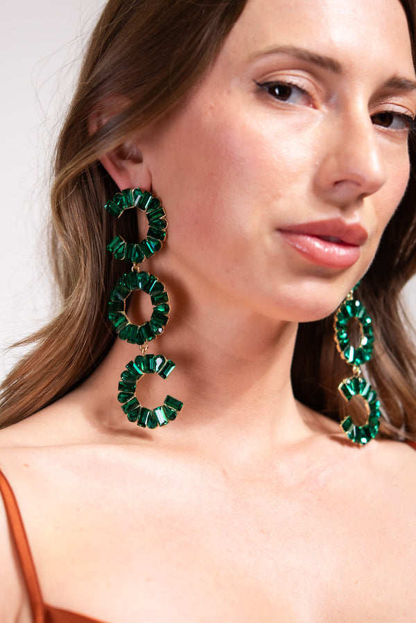 Avella 3-Tier Rhinestone Earrings - Green
