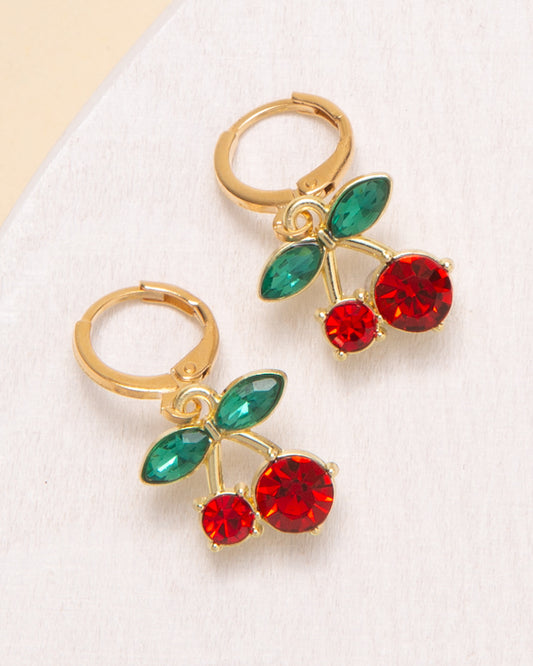 Lily Crystal Embellished Red Cherry Charm Hoop Earrings