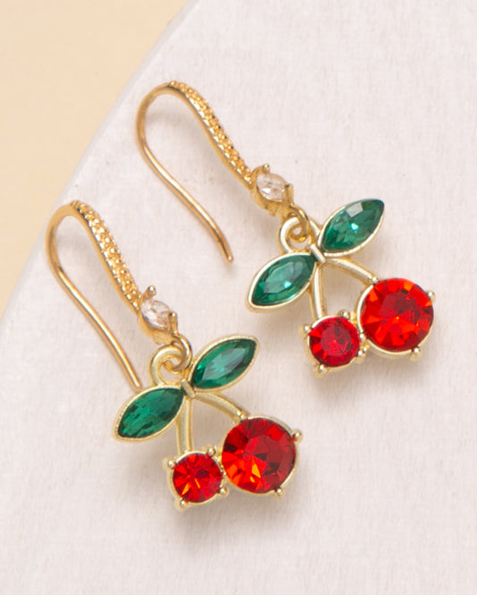 Summer Crystal Embellished Red Cherry Charm Dangle Earrings