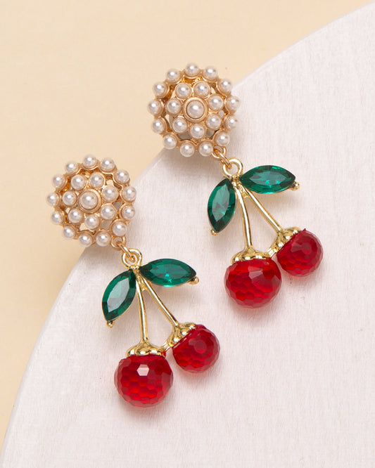 Amy Crystal Pearl Embellished Red Cherry Post Dangle Earrings