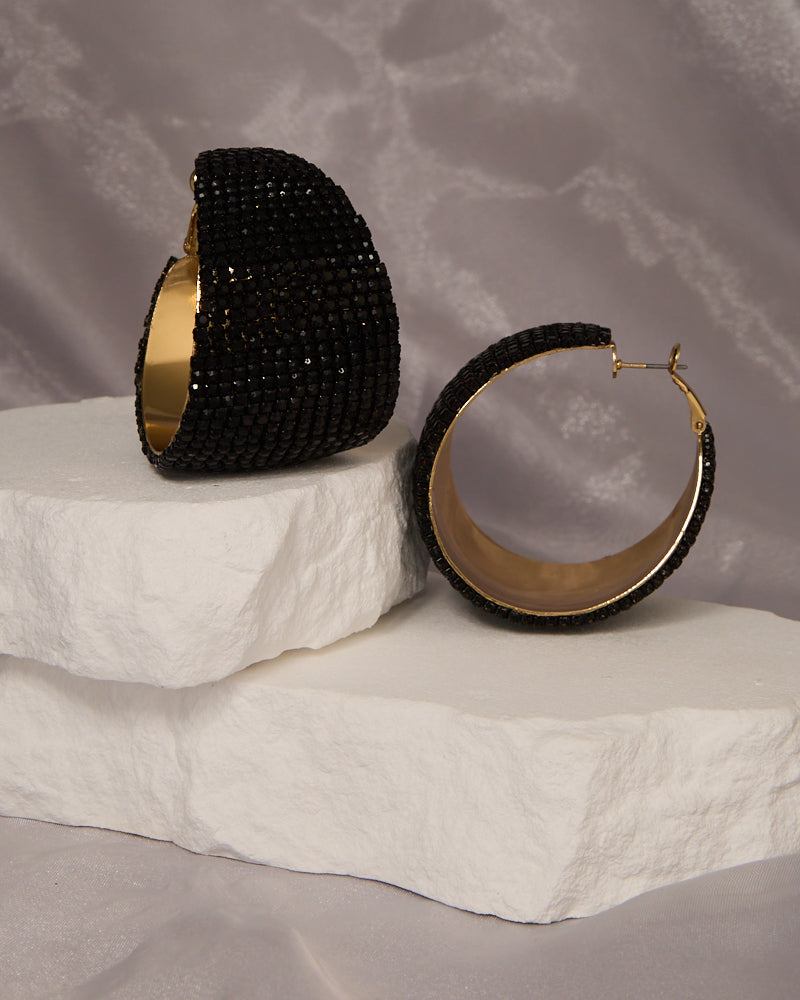 Mila Luxurious Rhinestone Pave Chunky Huggie Hoop Earrings | Black