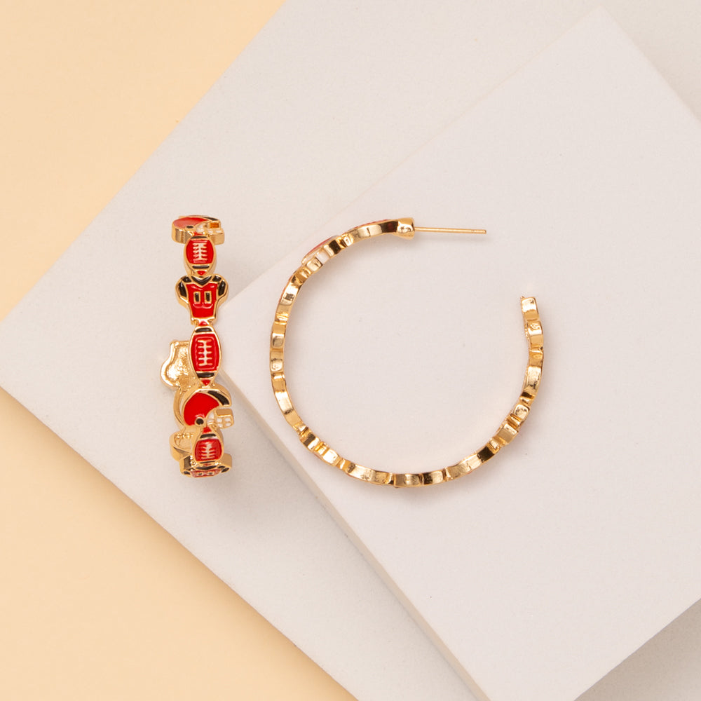 Leah Game Day Enamel Football Open Hoop Earrings | Red