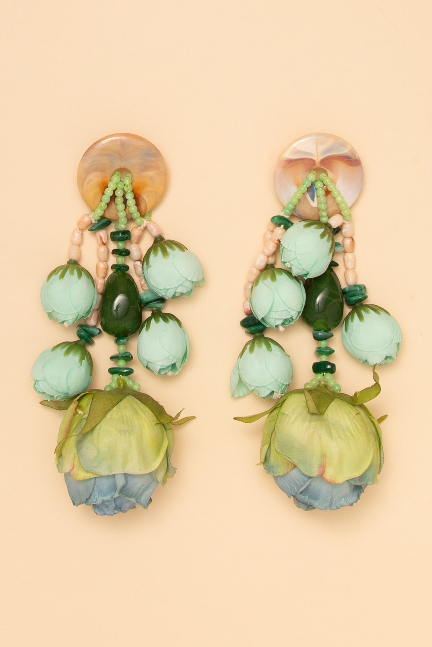 Lillian Rose Bud Fabric Flower Bead Strand Post Dangle Earrings | Mint
