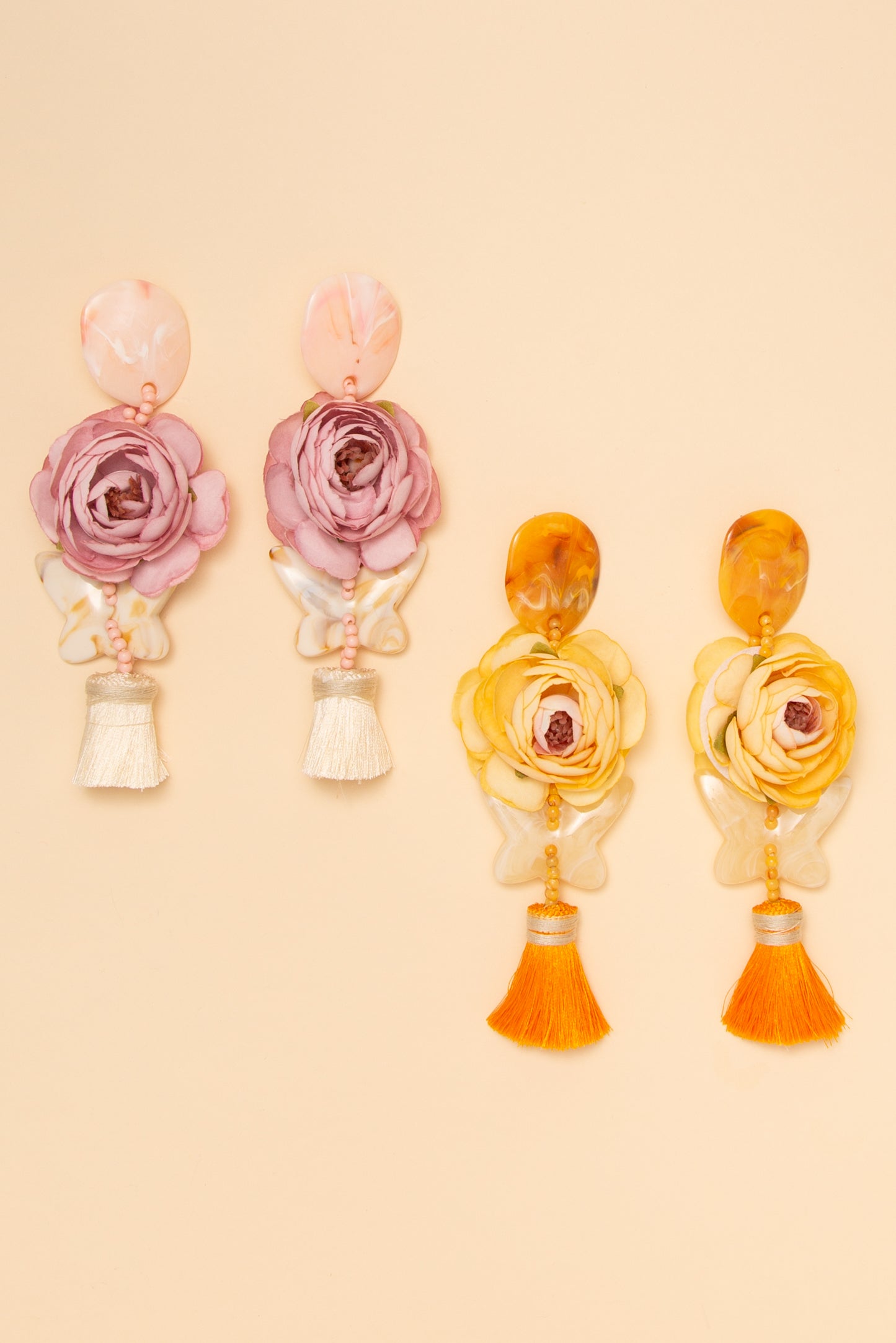 Adeline Fabric Flower Tassel Drop Earrings