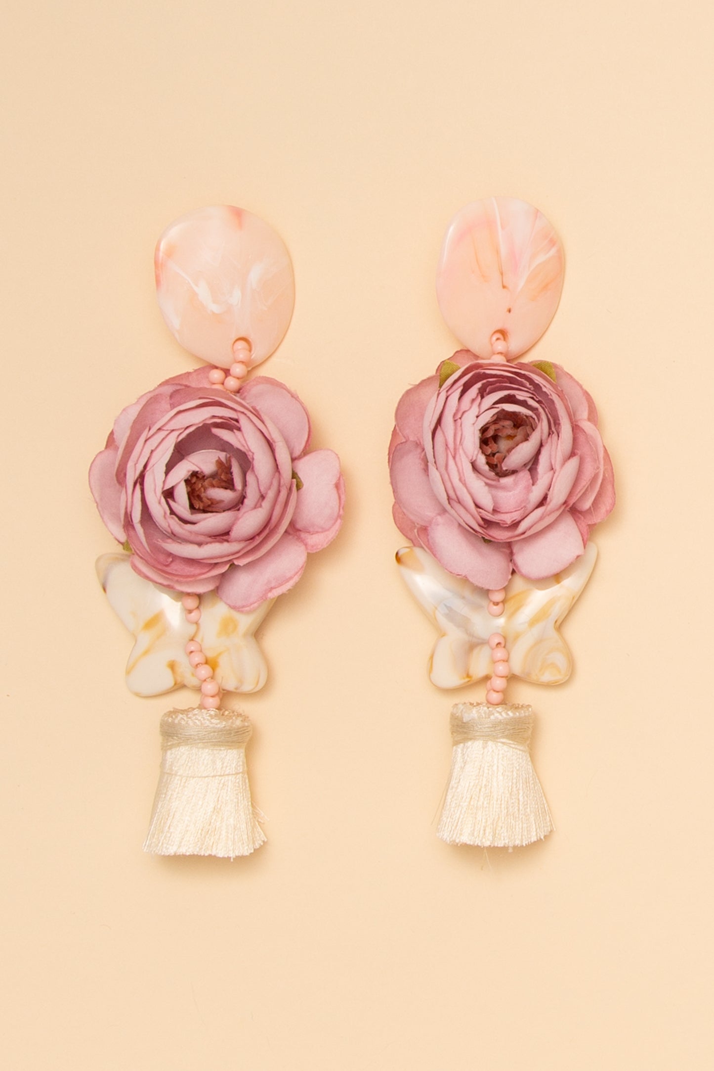 Adeline Fabric Flower Tassel Drop Earrings | Pink