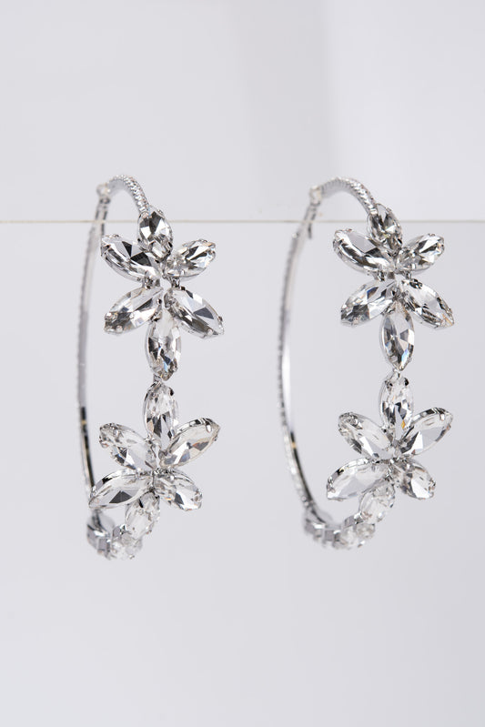 Allie Fashion Flower Gemstone Hoop Earrings - Silver