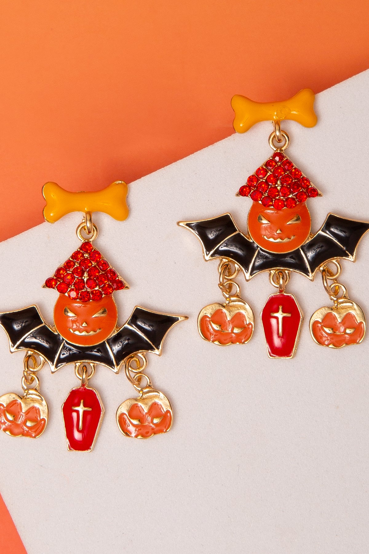 Annabelle Pumpkin Bat And Coffin Halloween Earrings