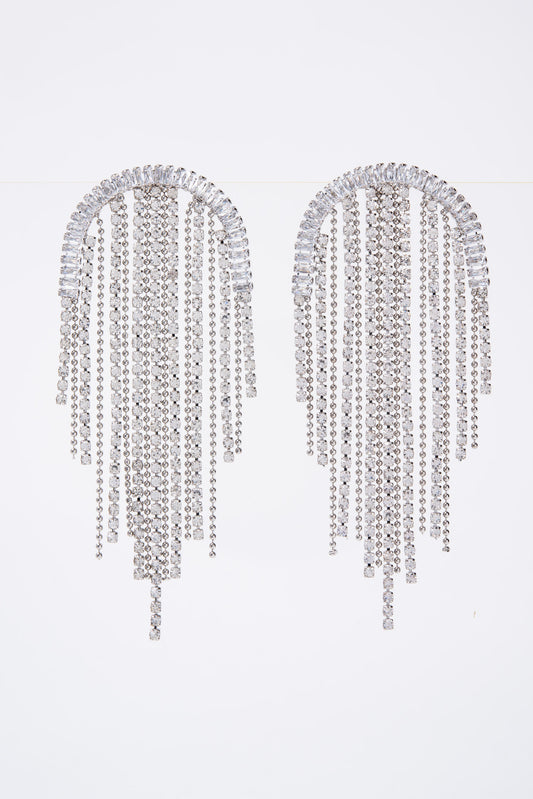 Delilah Crystal Rhinestone Arched Tassel Drop Earrings - Silver