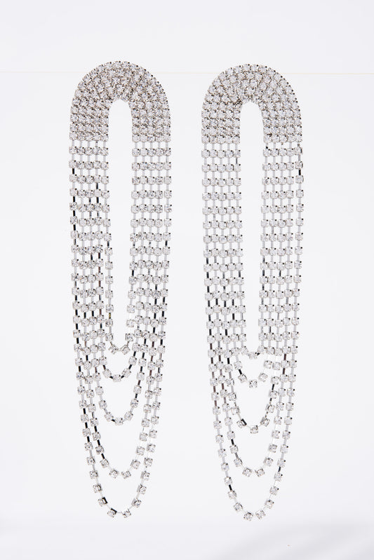 Crystal Rhinestone Chain Loop Long Drop Earrings - Silver