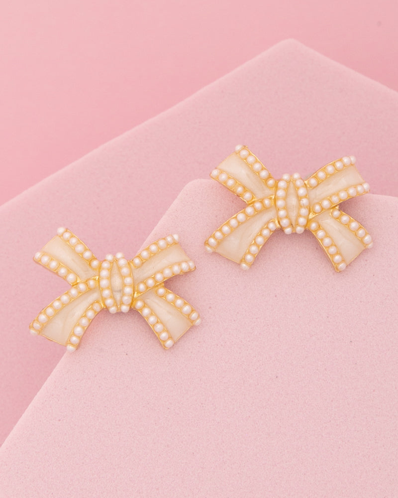 Anastasia Pearl Embellished Enamel Inlay Tail Bow Ribbon Earrings