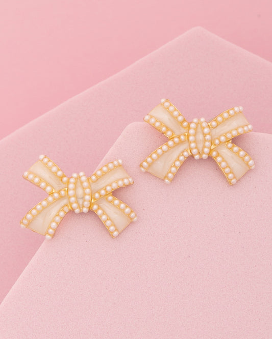 Anastasia Pearl Embellished Enamel Inlay Tail Bow Ribbon Earrings