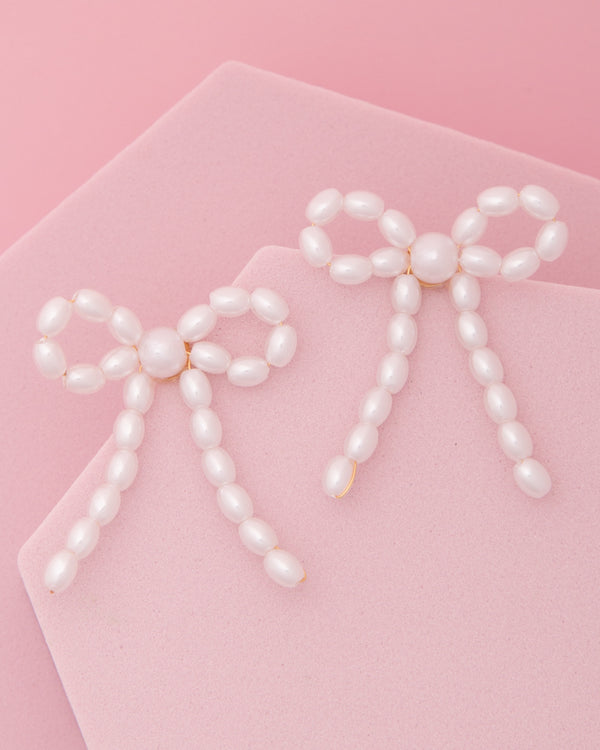 Zuri Baroque Pearl Beaded Long Tail Bow Ribbon Earrings