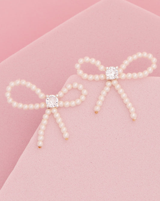Vera Crystal Embellished Pearl Beaded Tail Bow Ribbon Earrings