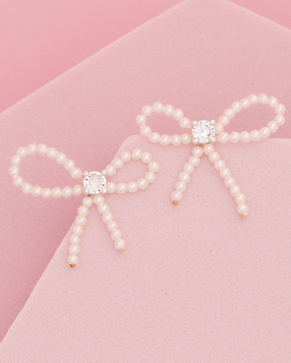 Vera Crystal Embellished Pearl Beaded Tail Bow Ribbon Earrings